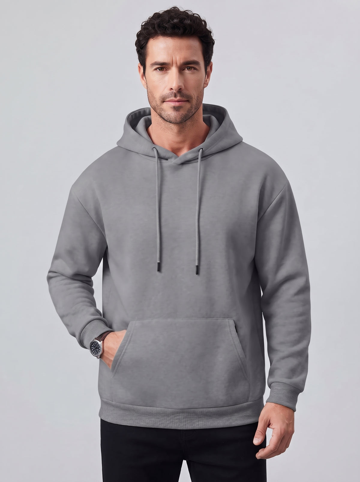 Sudadera con capucha COVE gris, bolsillo canguro y cordones ajustables