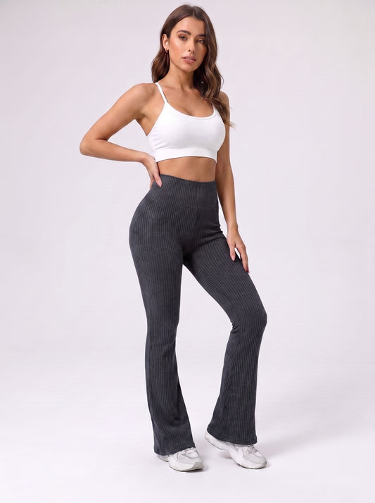Legging acampanado acanalado gris oscuro, tiro alto y pierna recta hasta la campana