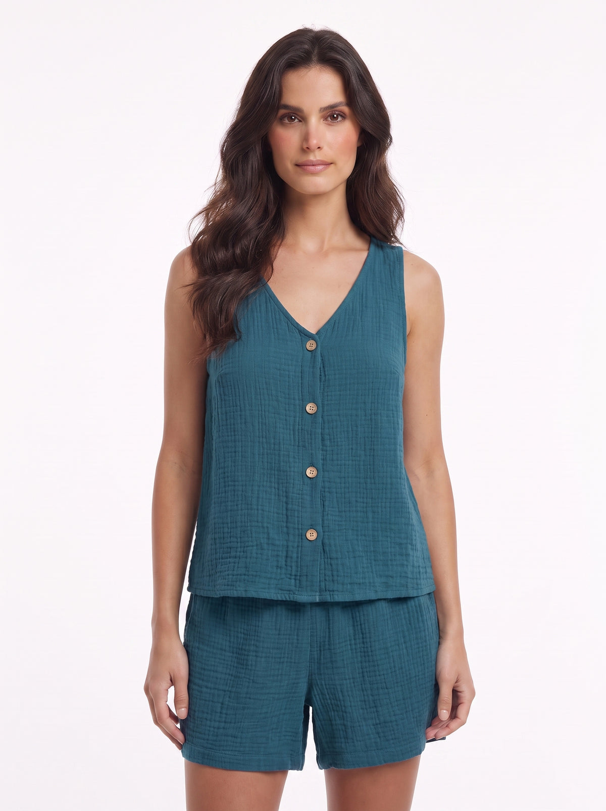 Conjunto de verano de top sin mangas y short, verde azulado, botones frontales