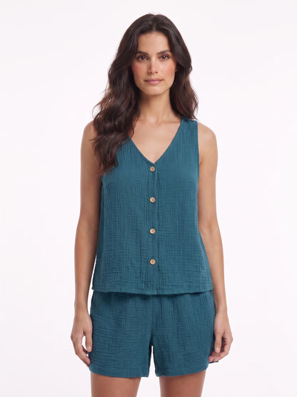 Conjunto de verano de top sin mangas y short, verde azulado, botones frontales