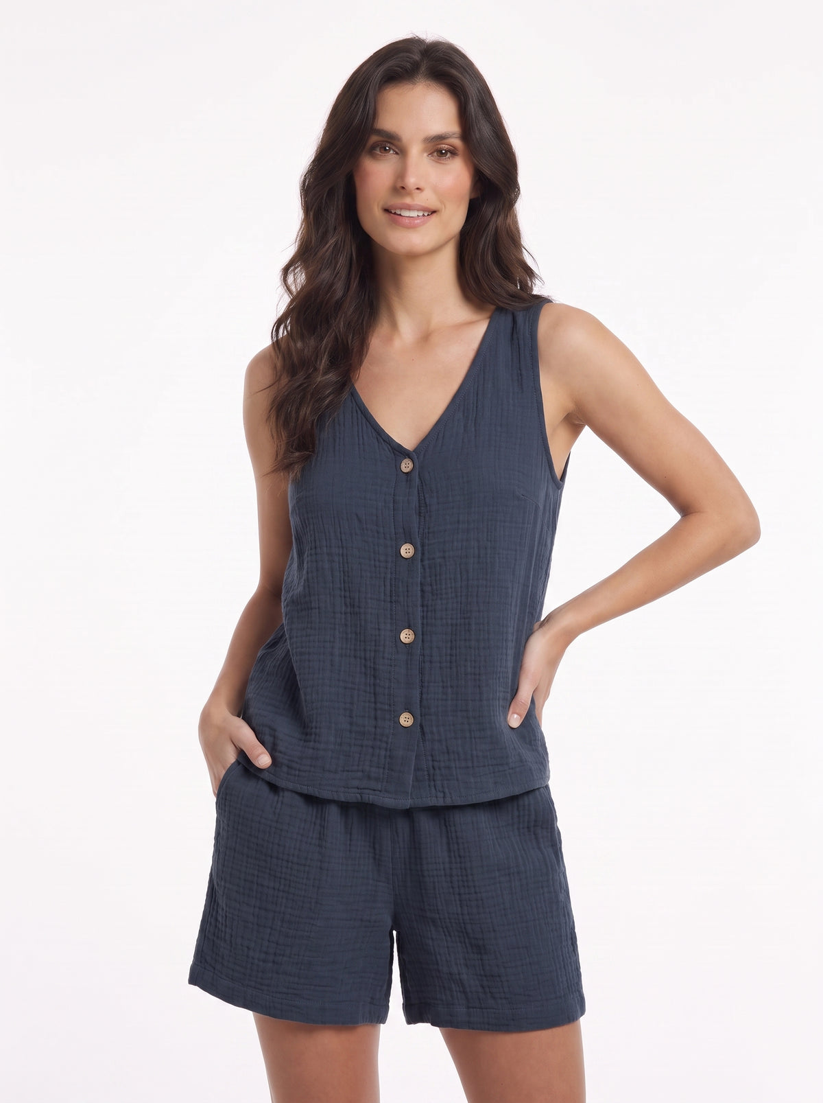 Conjunto de verano de top sin mangas y short, azul marino, escote en pico, botones