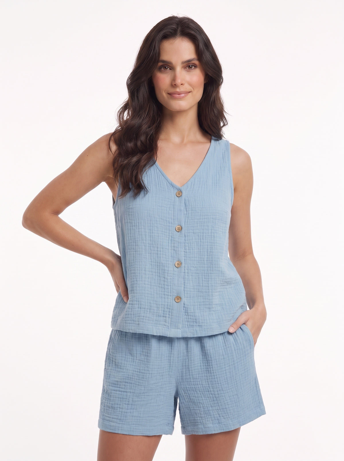 Conjunto de verano de top sin mangas y short, azul claro, botones frontales