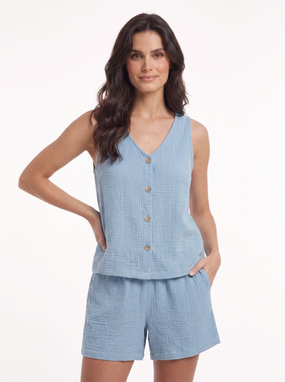Conjunto de verano de top sin mangas y short, azul claro, botones frontales
