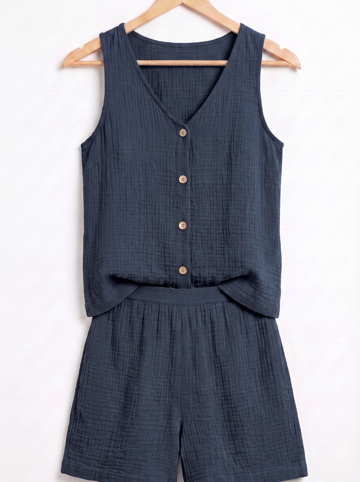 Conjunto de verano de top sin mangas y short, azul marino, botones frontales