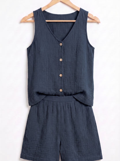 Conjunto de verano de top sin mangas y short, azul marino, botones frontales