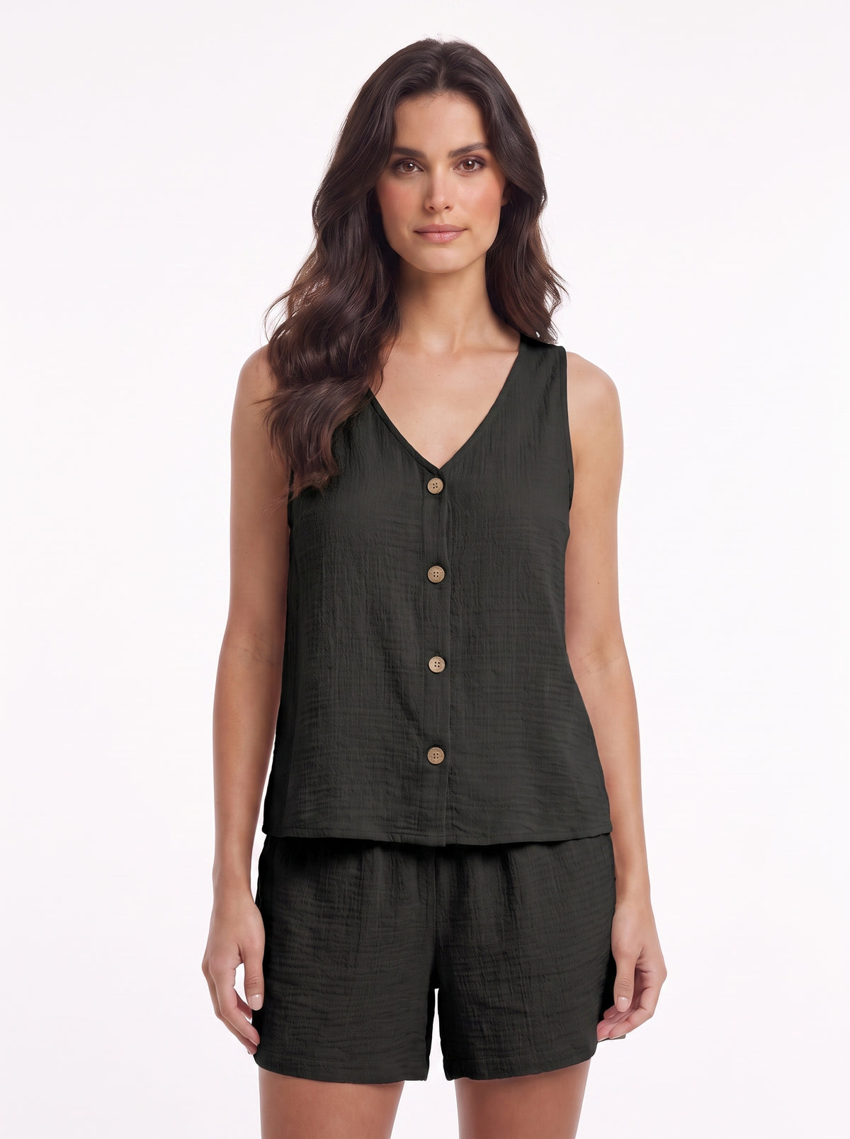 Conjunto de verano de top sin mangas y short, verde oscuro, botones frontales