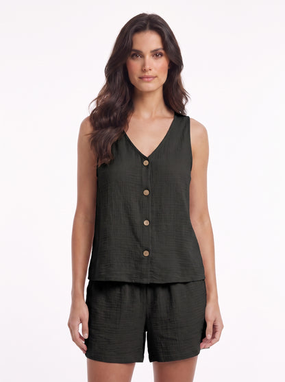 Conjunto de verano de top sin mangas y short, verde oscuro, botones frontales