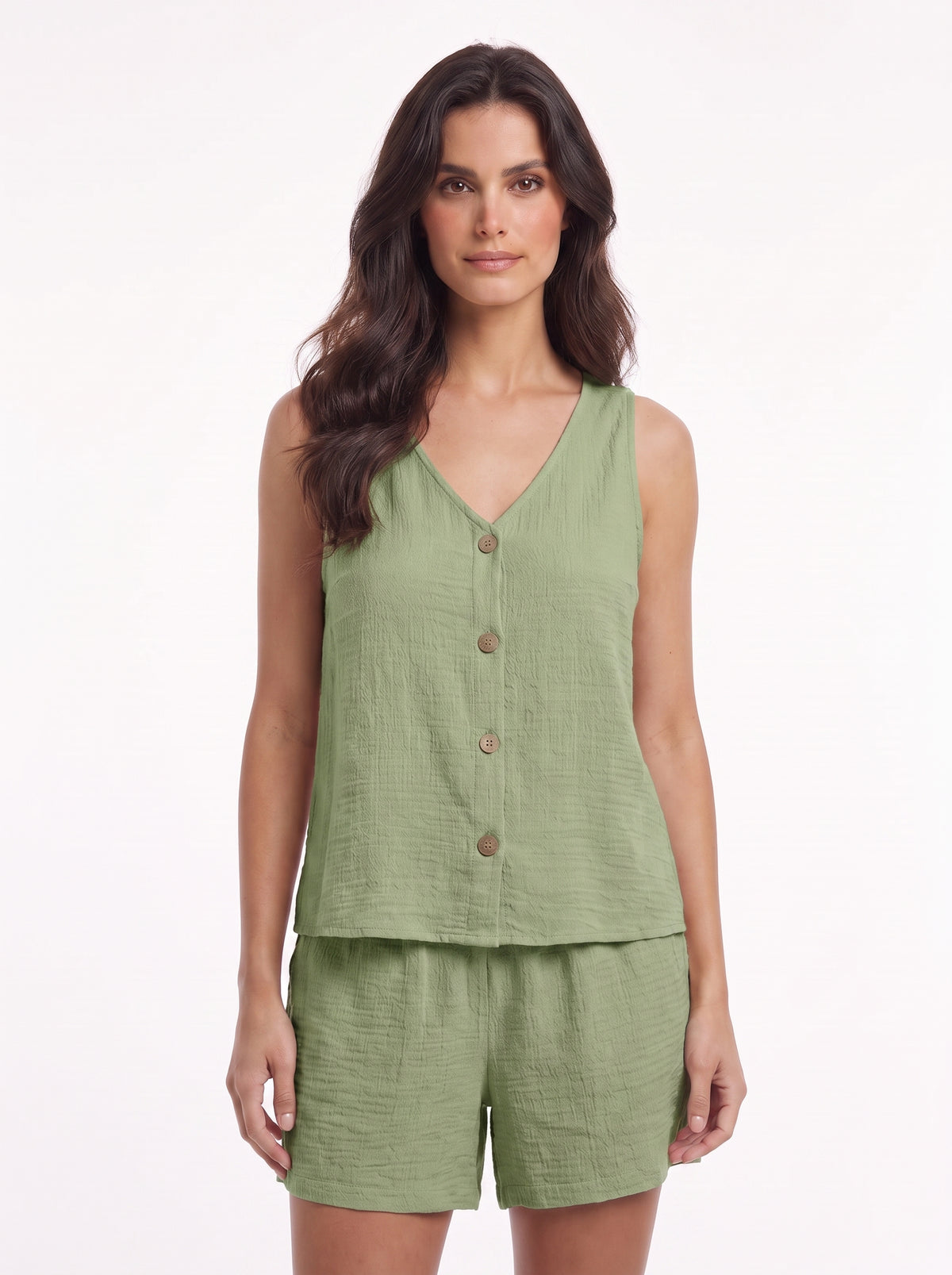 Conjunto de verano de top sin mangas y short, verde salvia, botones frontales