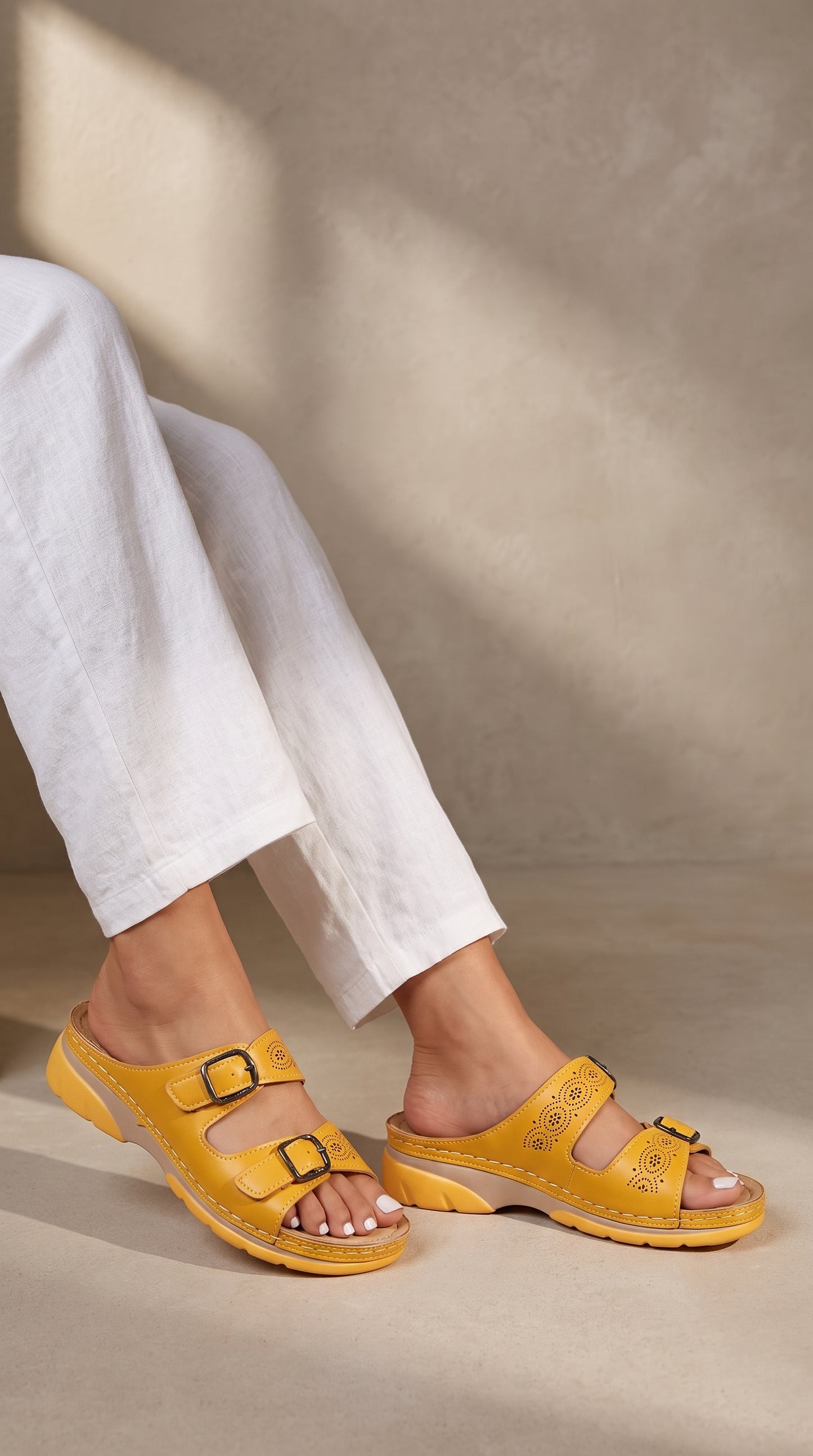 Sandalias de confort amarillas con doble tira y hebillas, usadas con pantalón blanco.