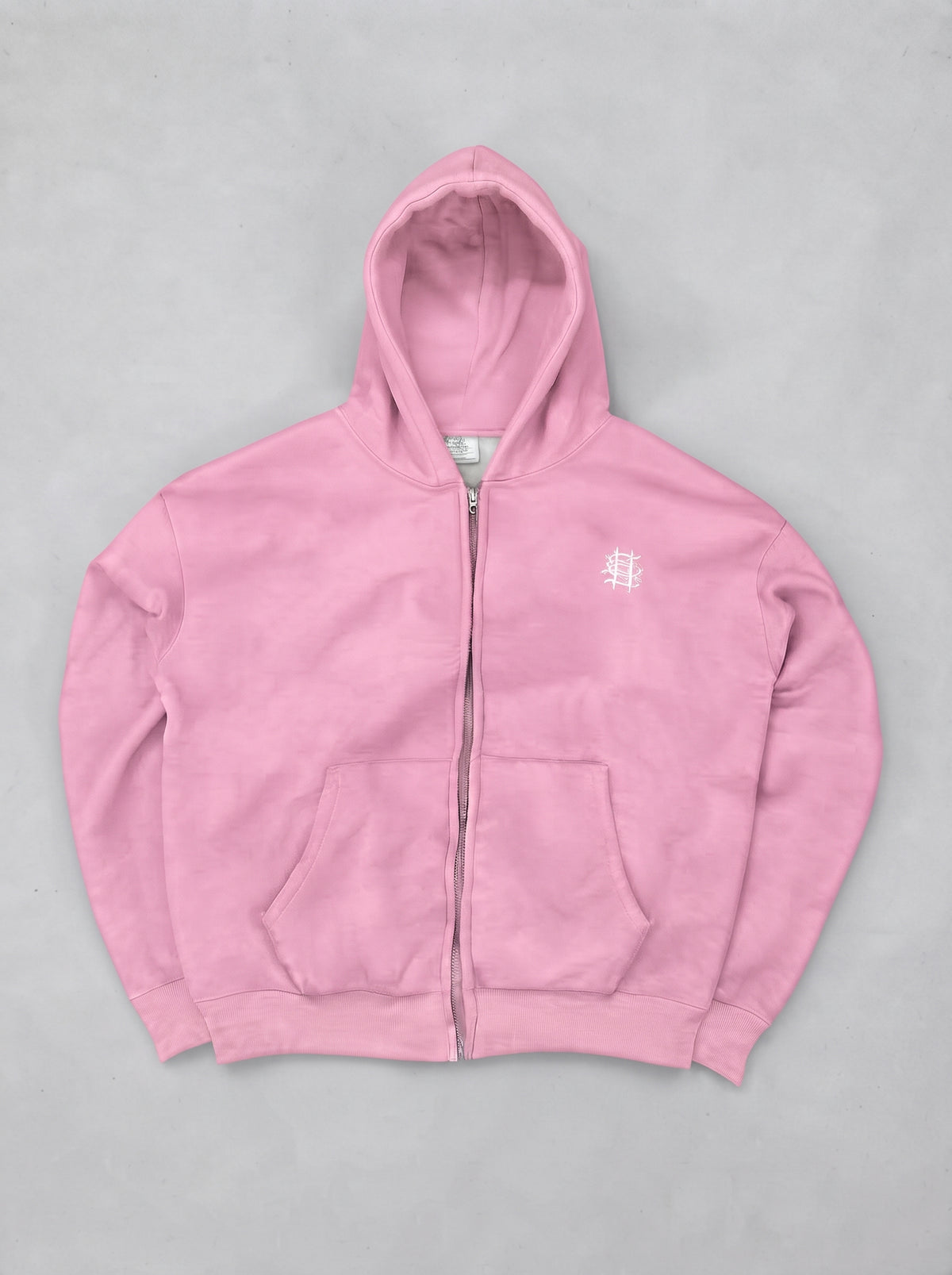Sudadera con capucha rosa, cremallera frontal y bolsillo canguro, logo bordado