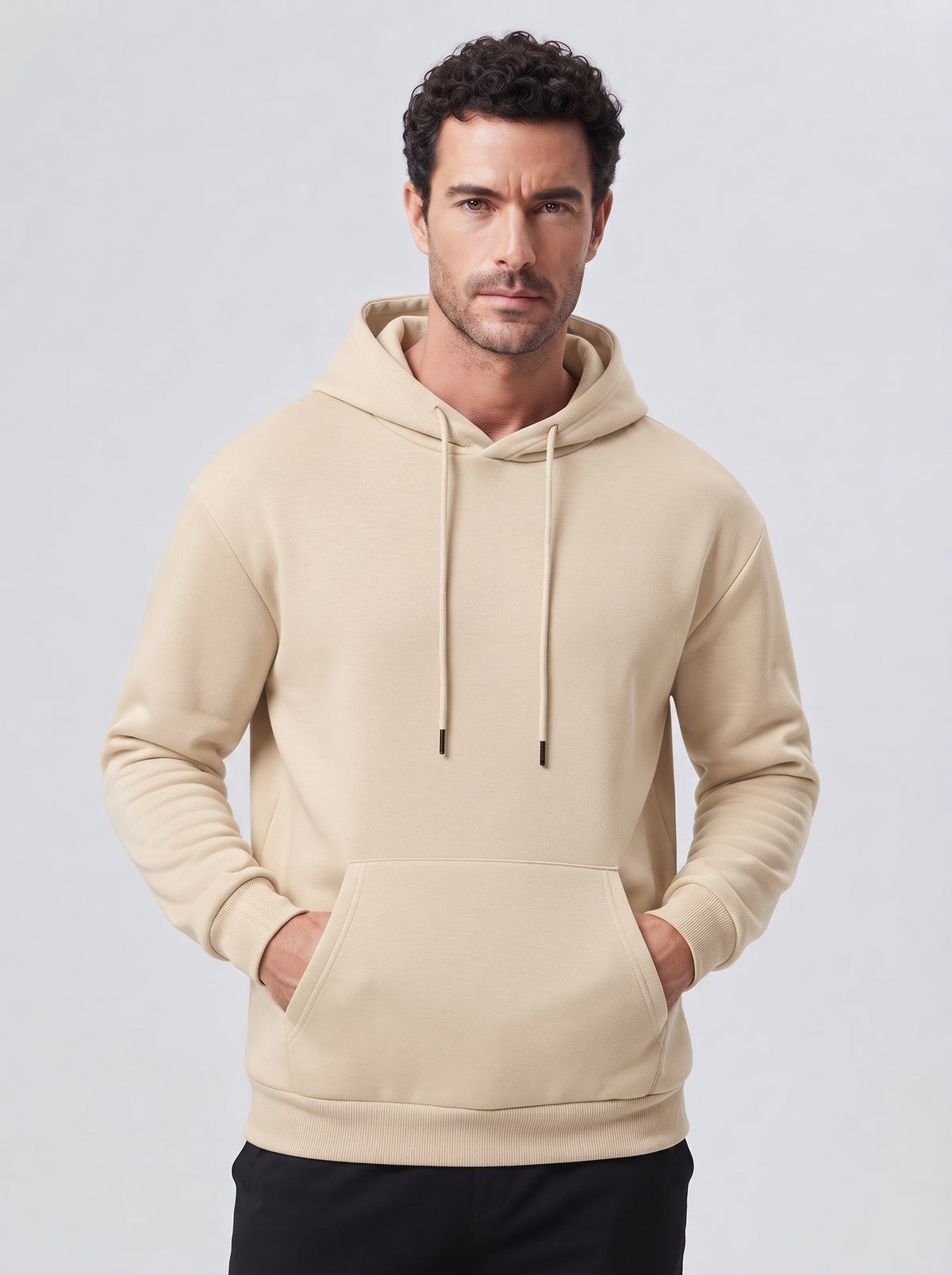 Sudadera con capucha COVE beige, bolsillo canguro y cordones ajustables