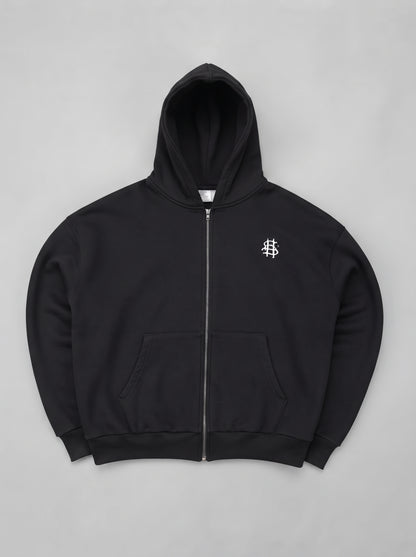 Sudadera con capucha negra con cremallera frontal y bolsillo canguro, logo bordado blanco