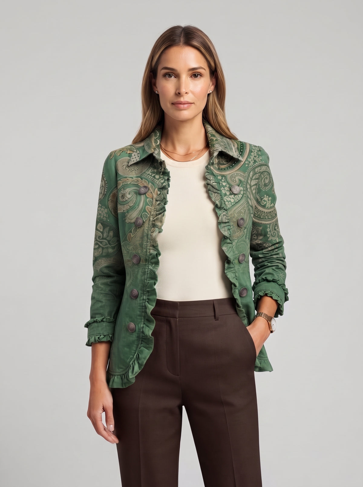 Sobrecamisa estampada verde con cuello y botones, diseño paisley en mangas