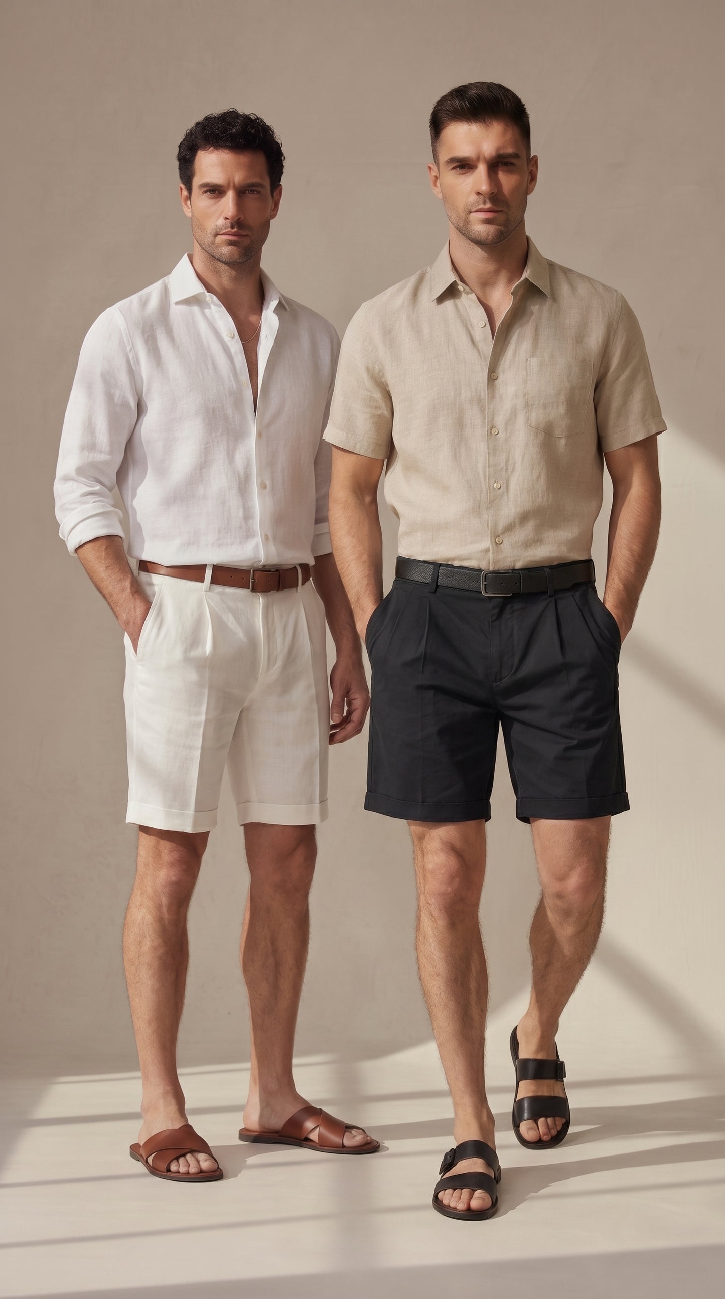 Bermudas de lino-algodón blancas y negras regular fit, con bolsillos y cinturón