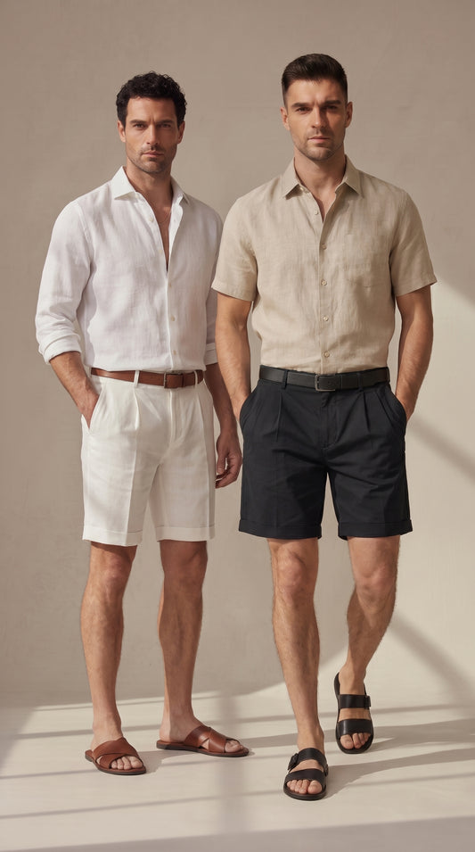 Bermudas de lino-algodón blancas y negras regular fit, con bolsillos y cinturón