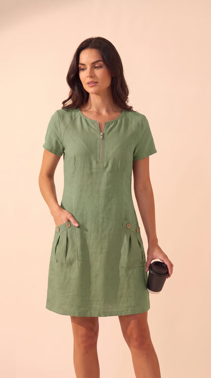 Vestido midi verde oliva, manga corta con cremallera frontal y bolsillos laterales