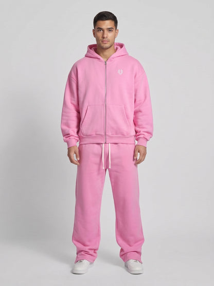 Chándal oversize rosa: sudadera con capucha y cremallera, pantalón con cordón