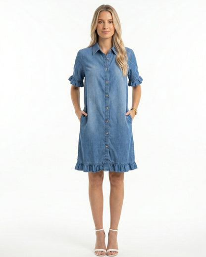 Vestido denim azul tipo camisa con botones y mangas cortas abullonadas