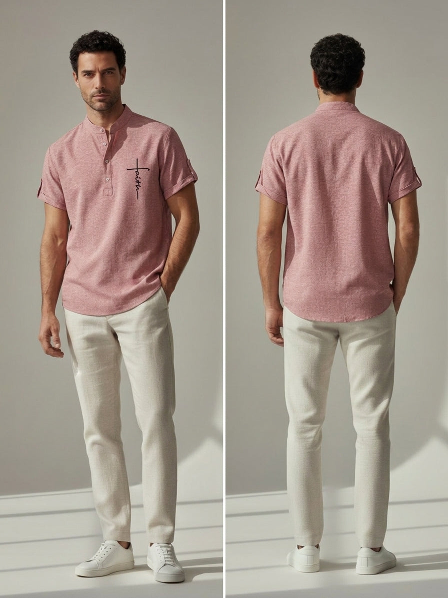 Camiseta con cuello mao tono rosado, vista trasera, sin estampado visible.