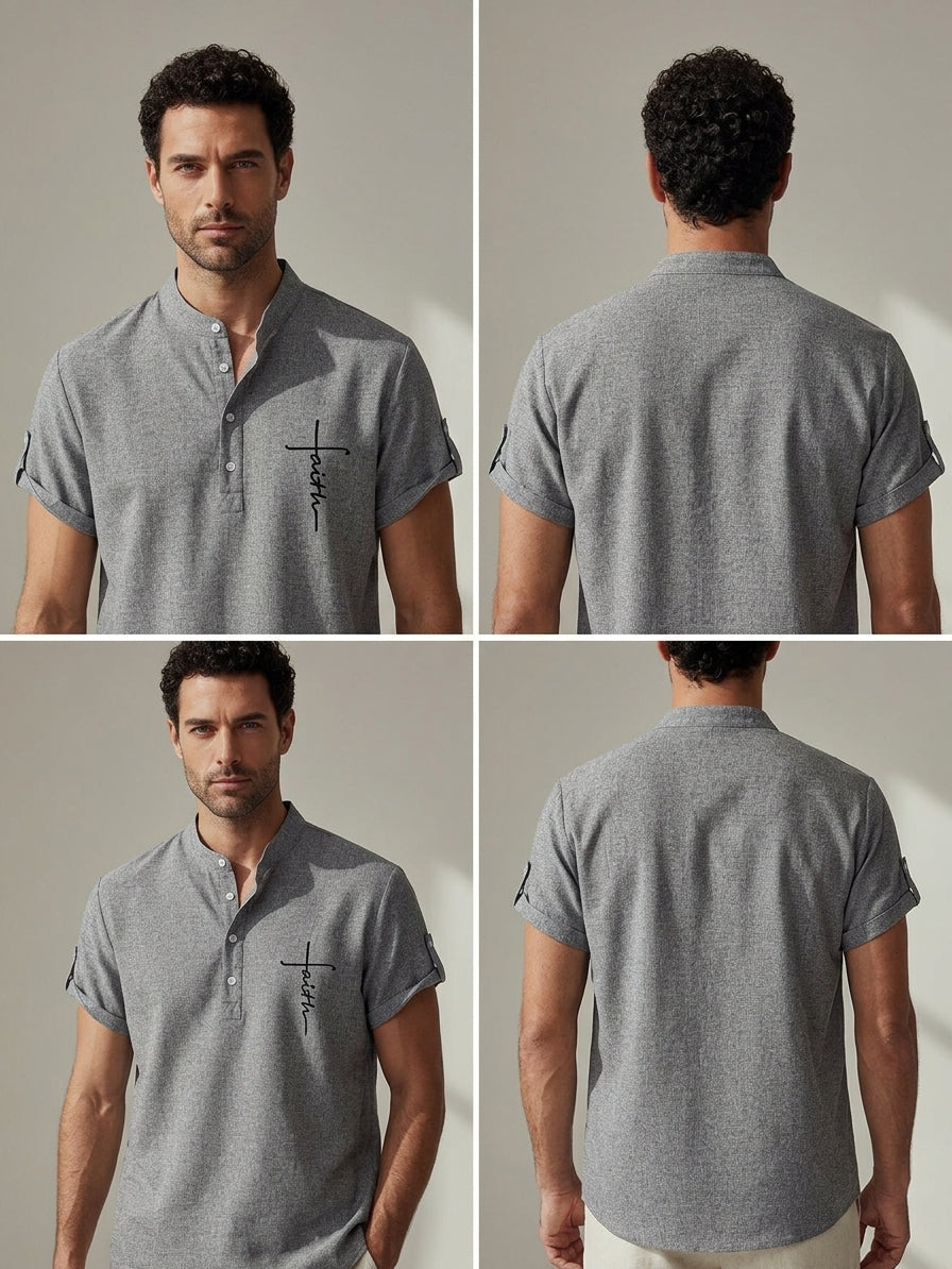 Camiseta con cuello mao gris jaspeado, botones al frente y estampado cruz.