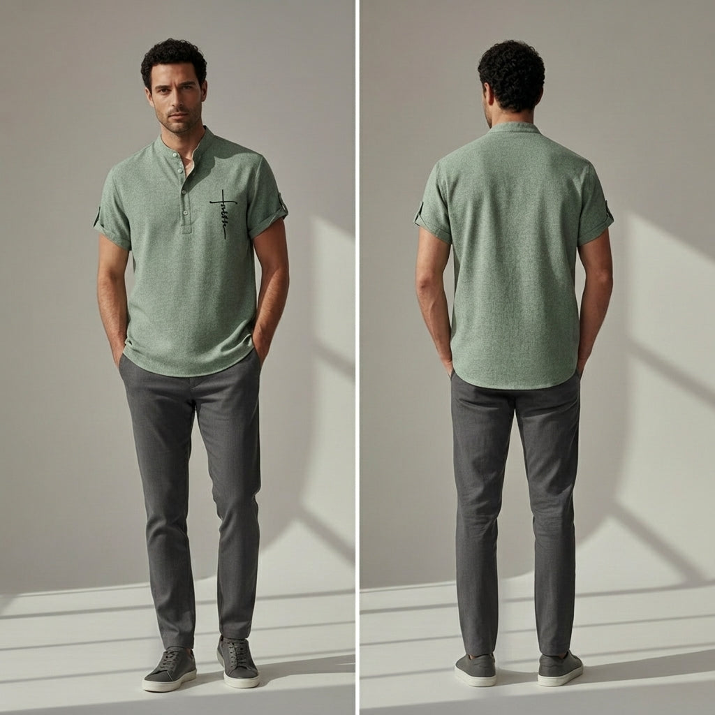 Camiseta de cuello mao verde, vista frontal y trasera con logo bordado