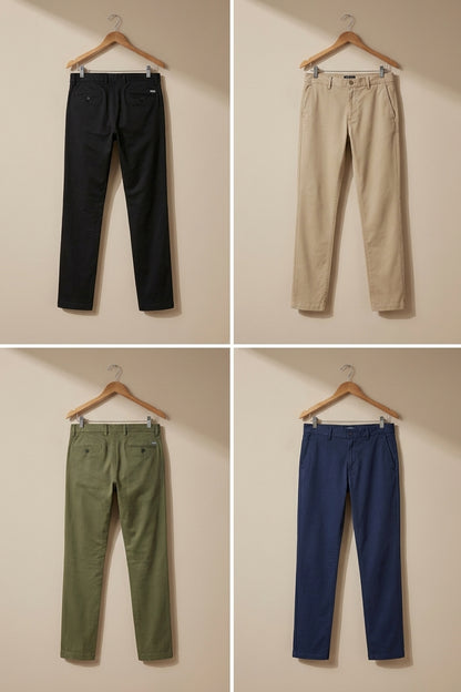 Pack de 4 pantalones chinos regular fit en negro, beige, verde oliva y azul marino.