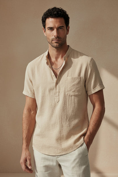 Camisa de lino blanca de ajuste relajado, manga corta con botones y bolsillo en el pecho