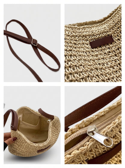 Bolso tejido beige con asa y detalles en marrón, con bolsillo y cierre frontal
