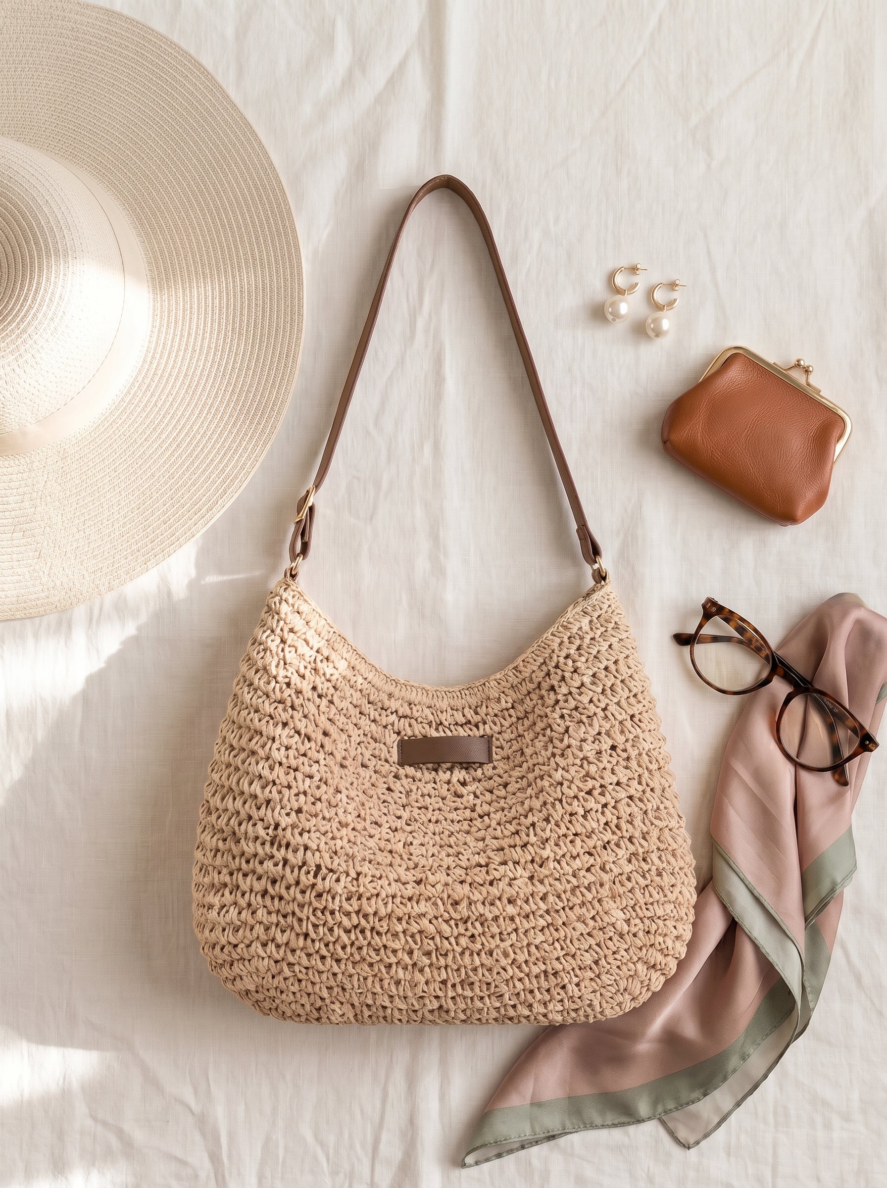 Bolso tejido beige con asa colgante de cuero marrón y etiqueta frontal rectangular