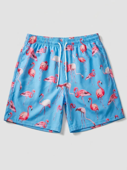 Bañador azul estampado de flamencos con cinturilla elástica y bolsillos laterales