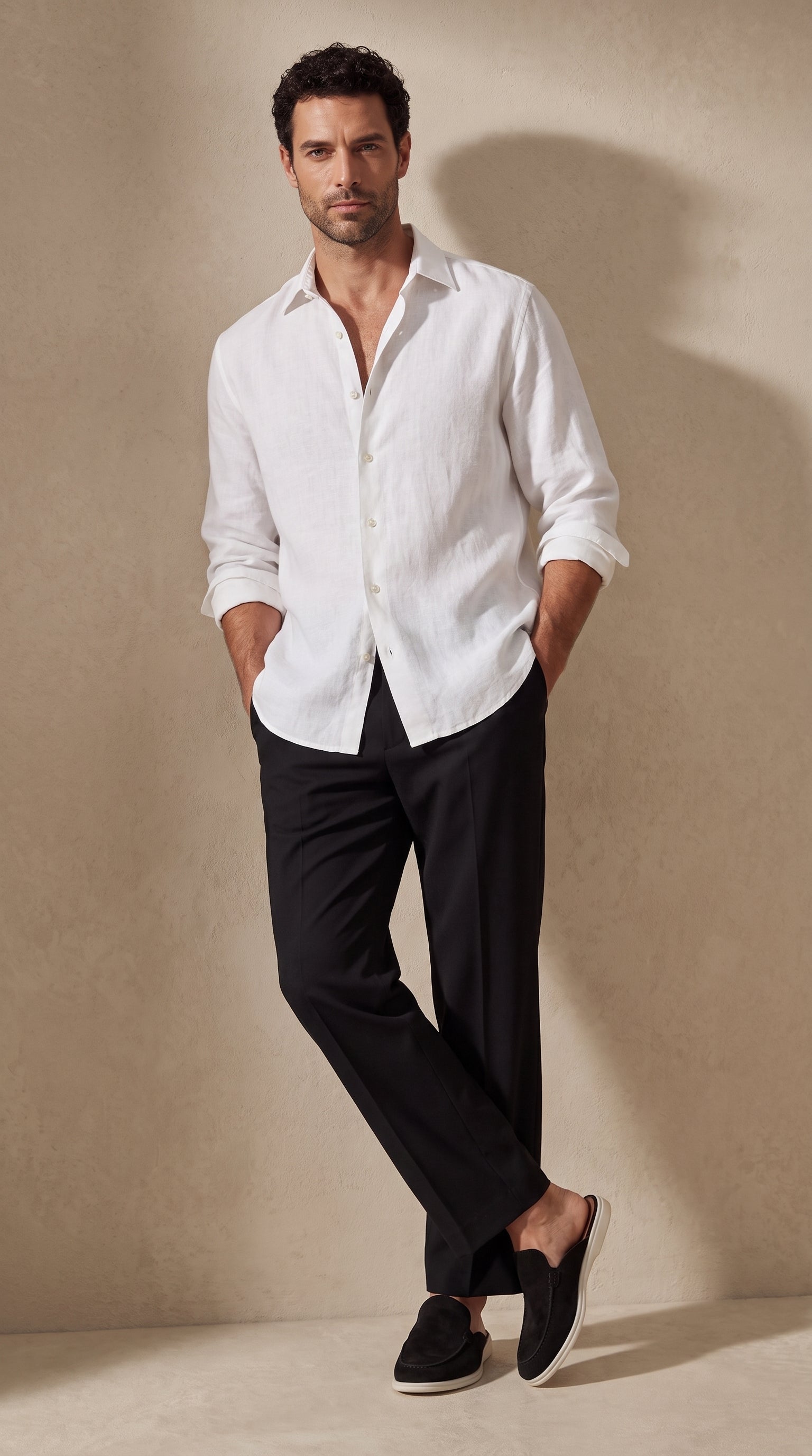 Mocasín mule de ante negro con suela blanca, usado con pantalón oscuro