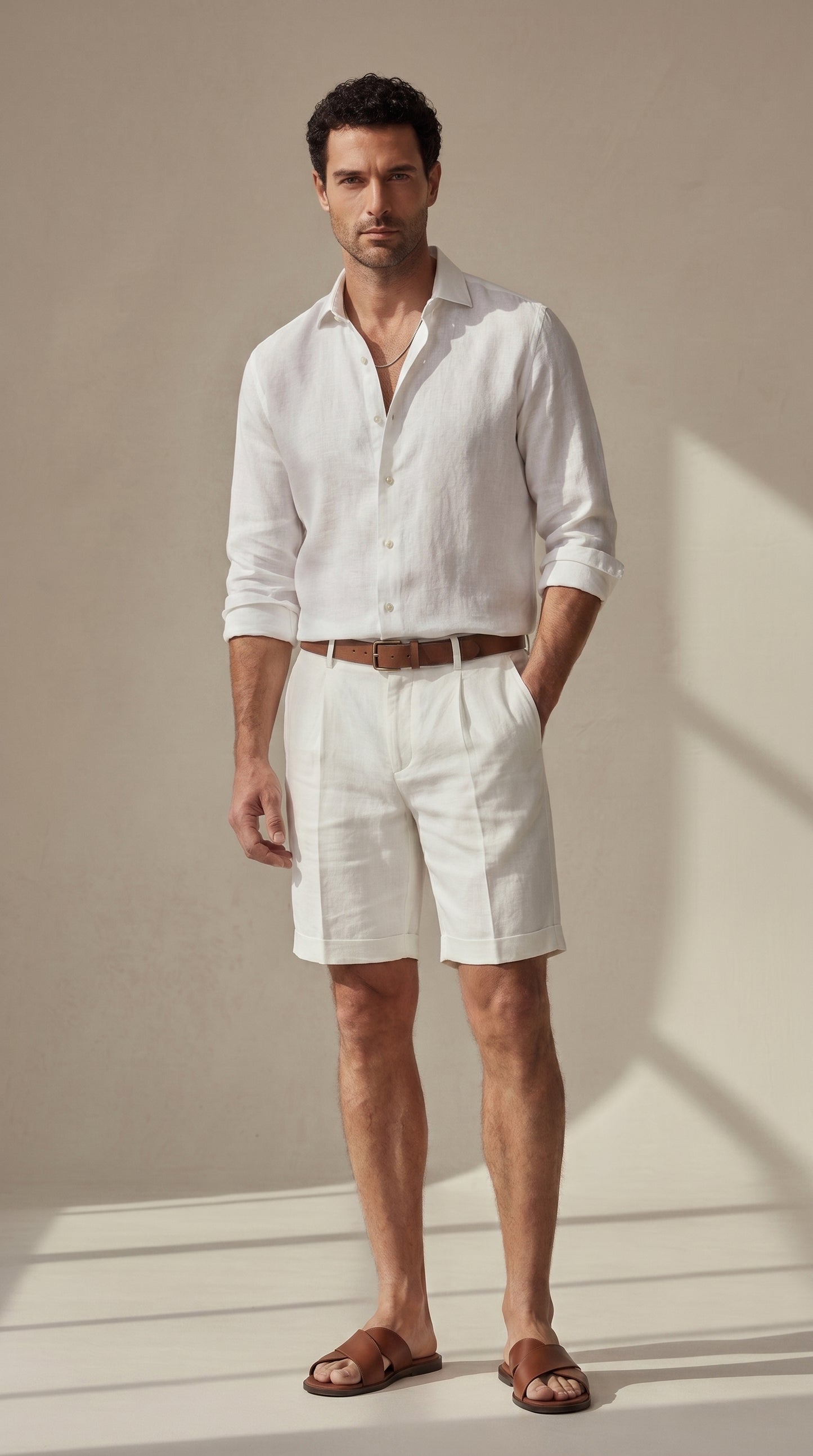 Bermuda regular fit de lino-algodón blanco, con bolsillos y cinturón de hebilla