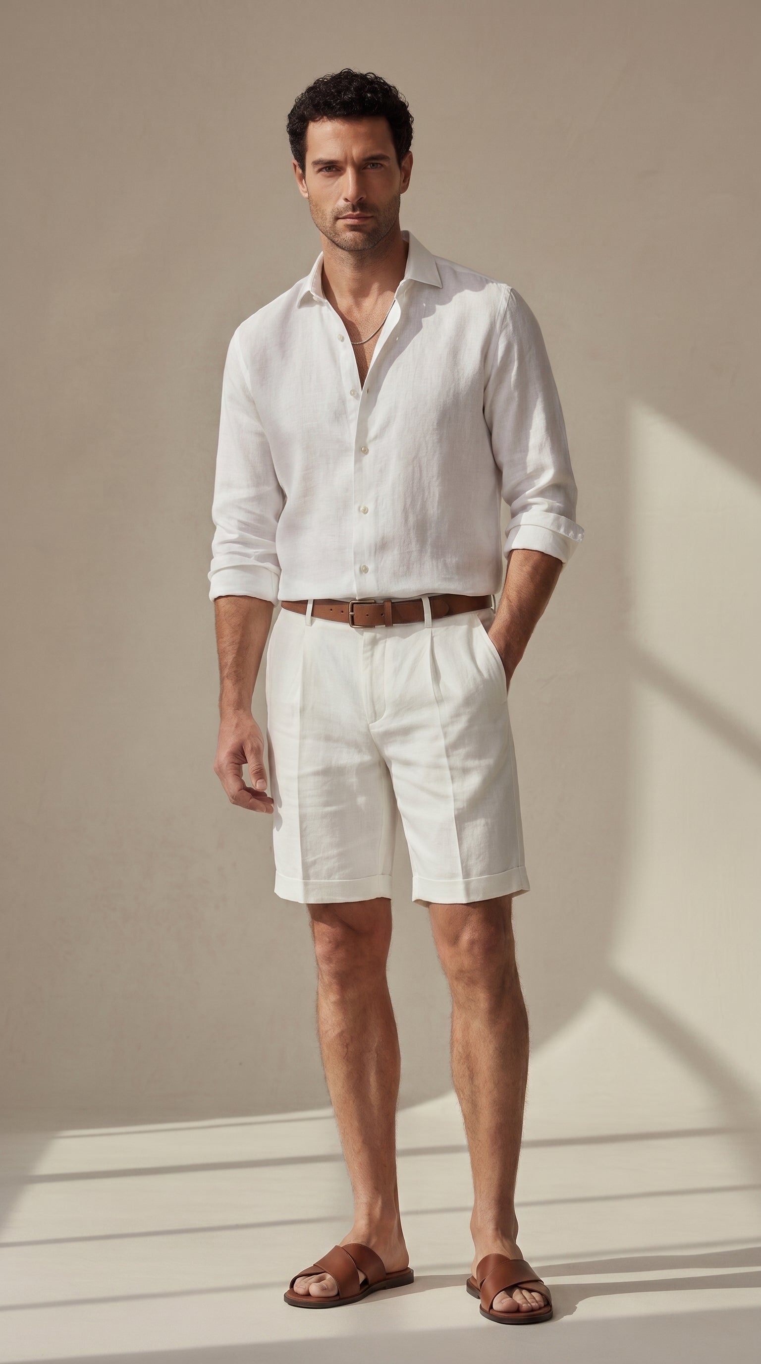 Bermuda regular fit de lino-algodón blanco, con bolsillos y cinturón de hebilla