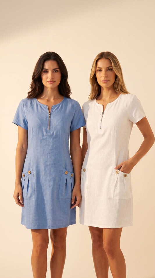 Vestido midi de lino azul claro y blanco, manga corta con cremallera frontal y bolsillos