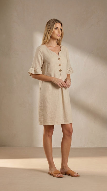 Vestido fluido beige a media pierna con botones en el cuello V y mangas globo