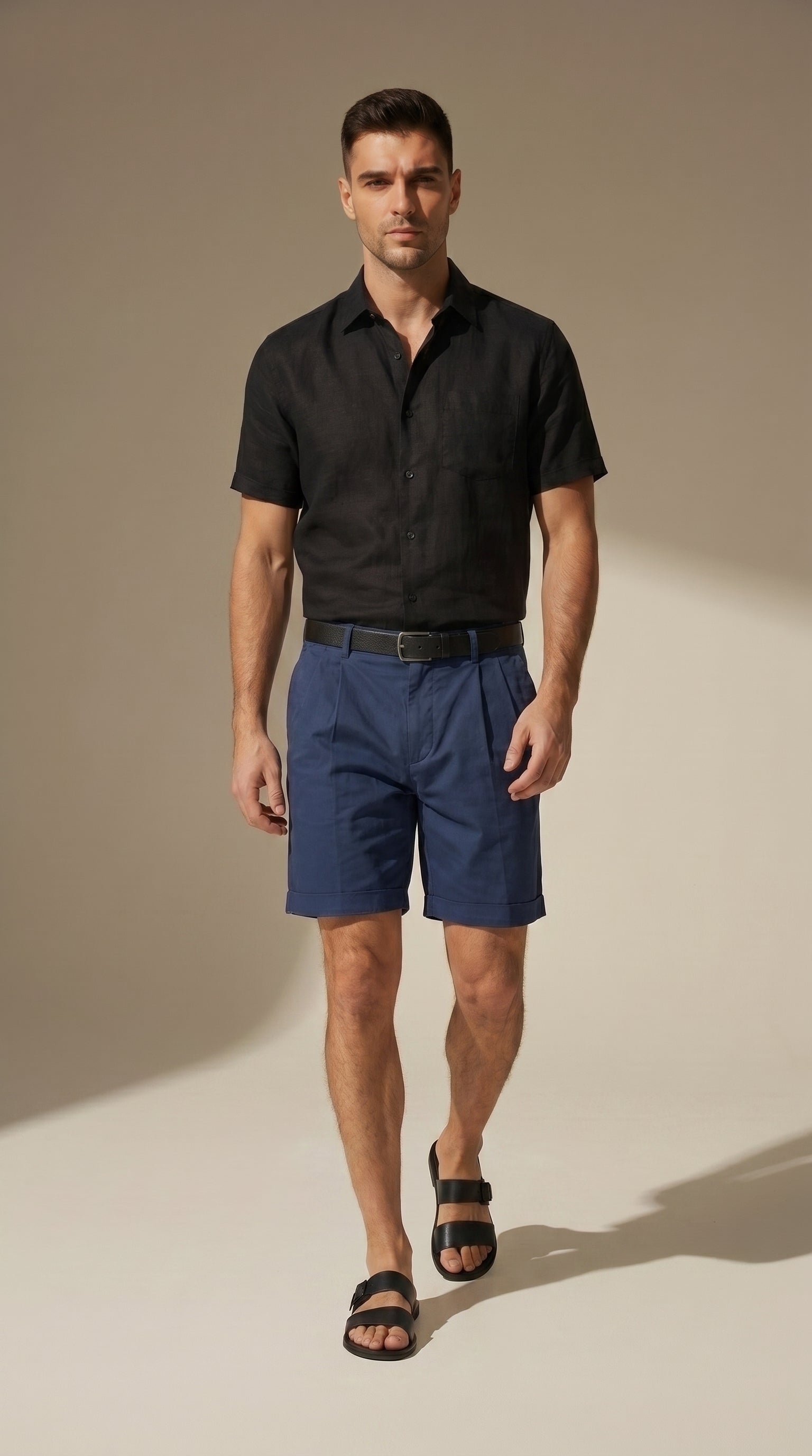 Bermuda lino-algodón azul oscuro regular fit con bolsillos y cinturón de hebilla