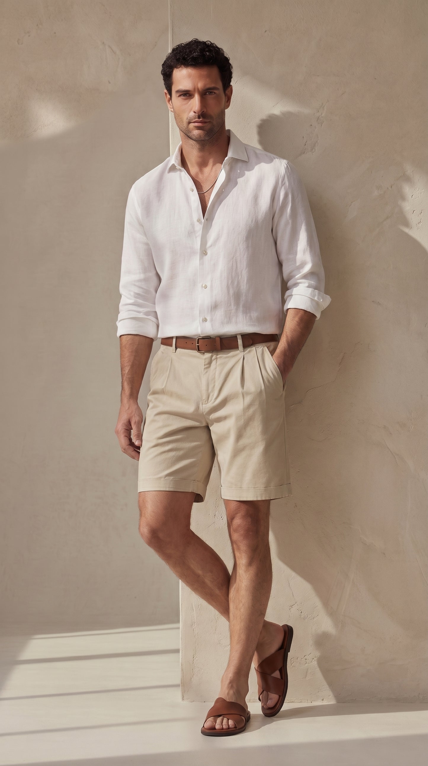 Bermuda lino-algodón beige regular fit con cinturón, pinzas y bolsillos