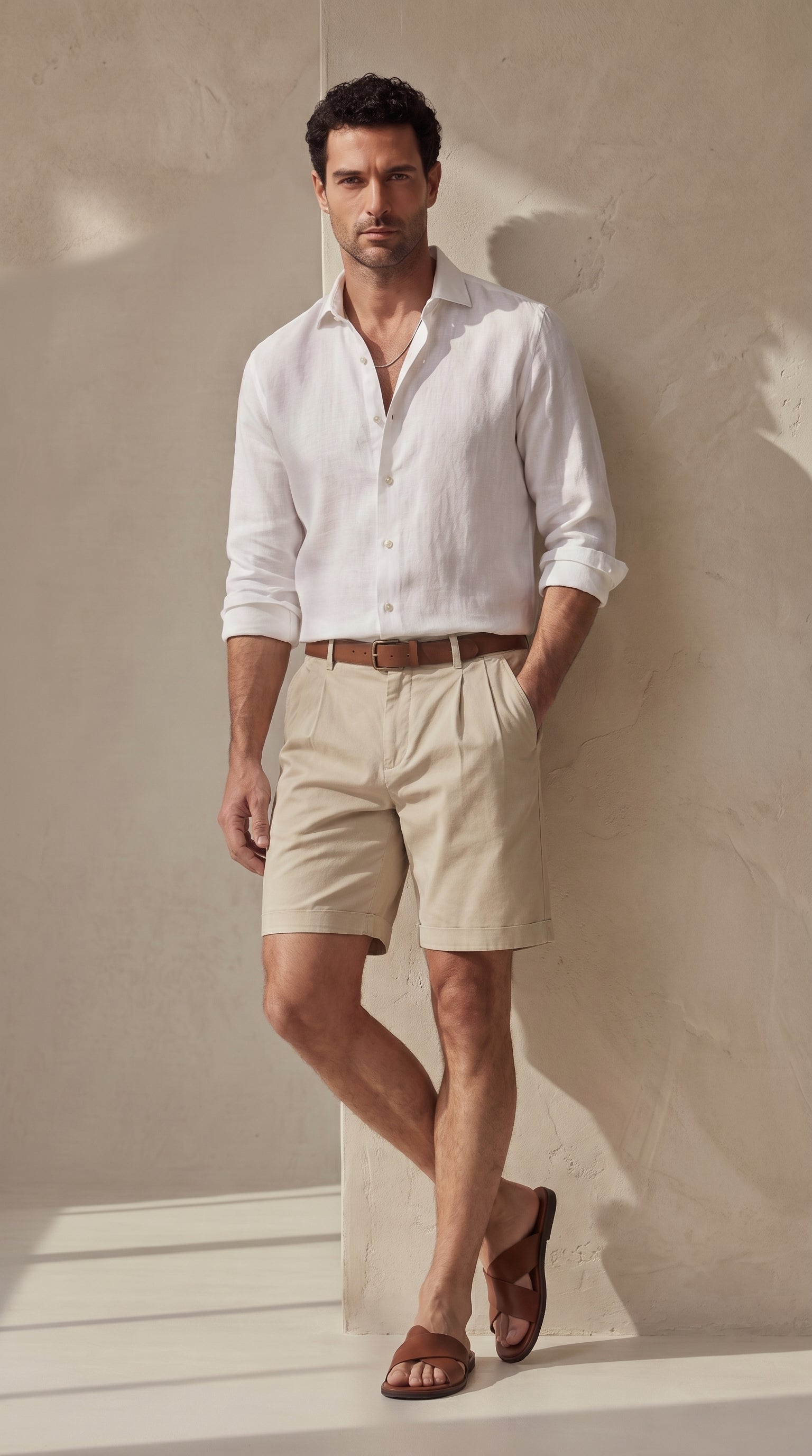Bermuda lino-algodón beige regular fit con cinturón, pinzas y bolsillos