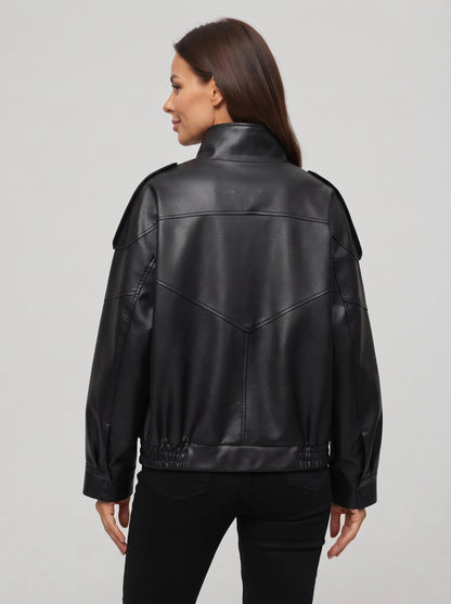 Cazadora biker CANARY negra, vista trasera con paneles y puños elásticos