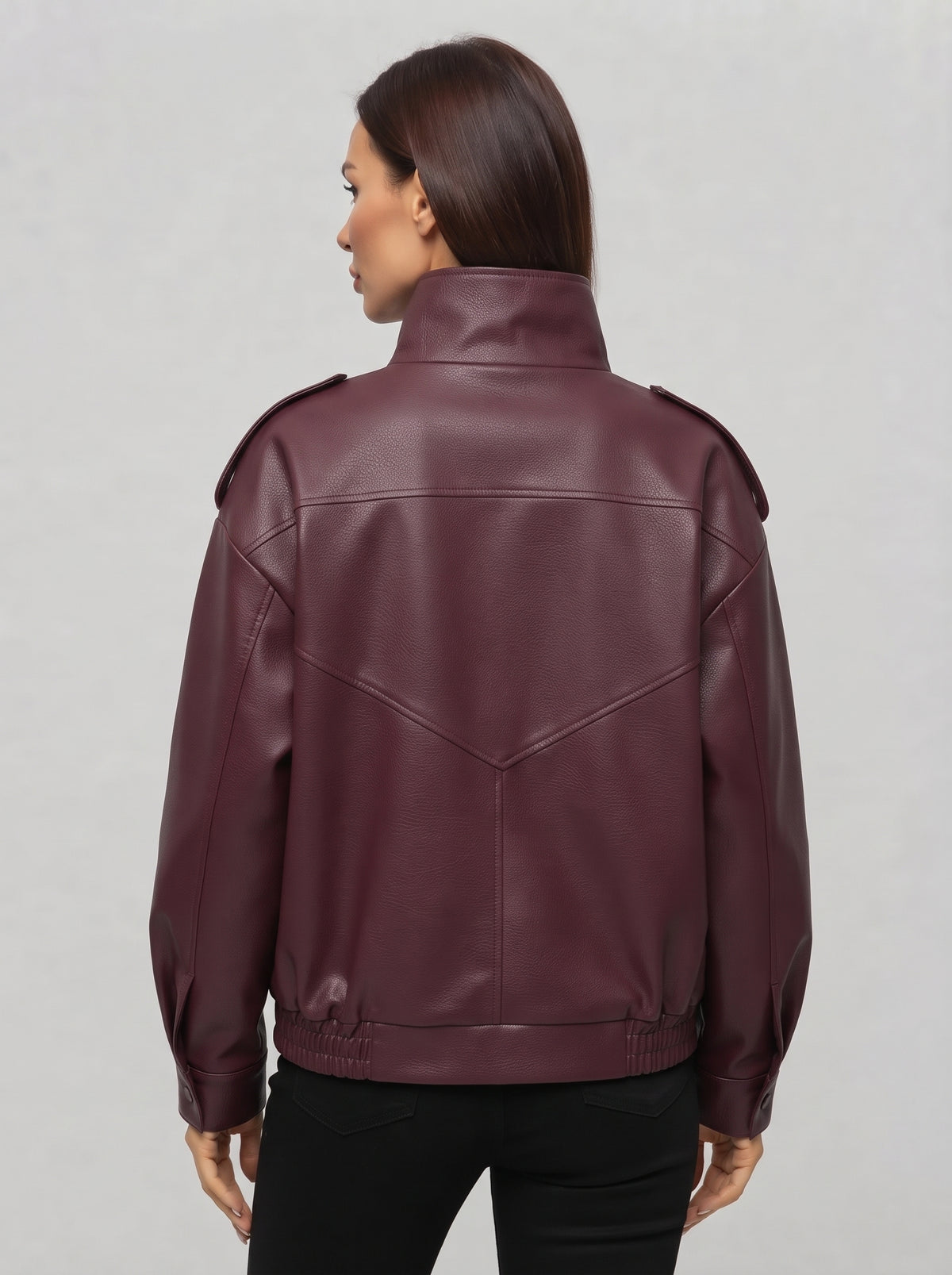 Cazadora biker CANARY burdeos, vista trasera con paneles y puños elásticos