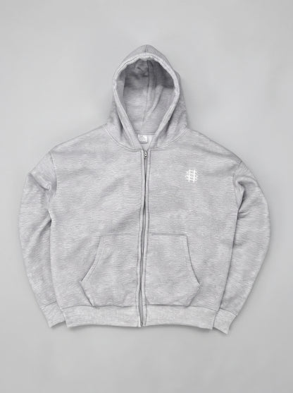 Sudadera con capucha gris, cremallera frontal y bolsillo canguro, logo bordado blanco