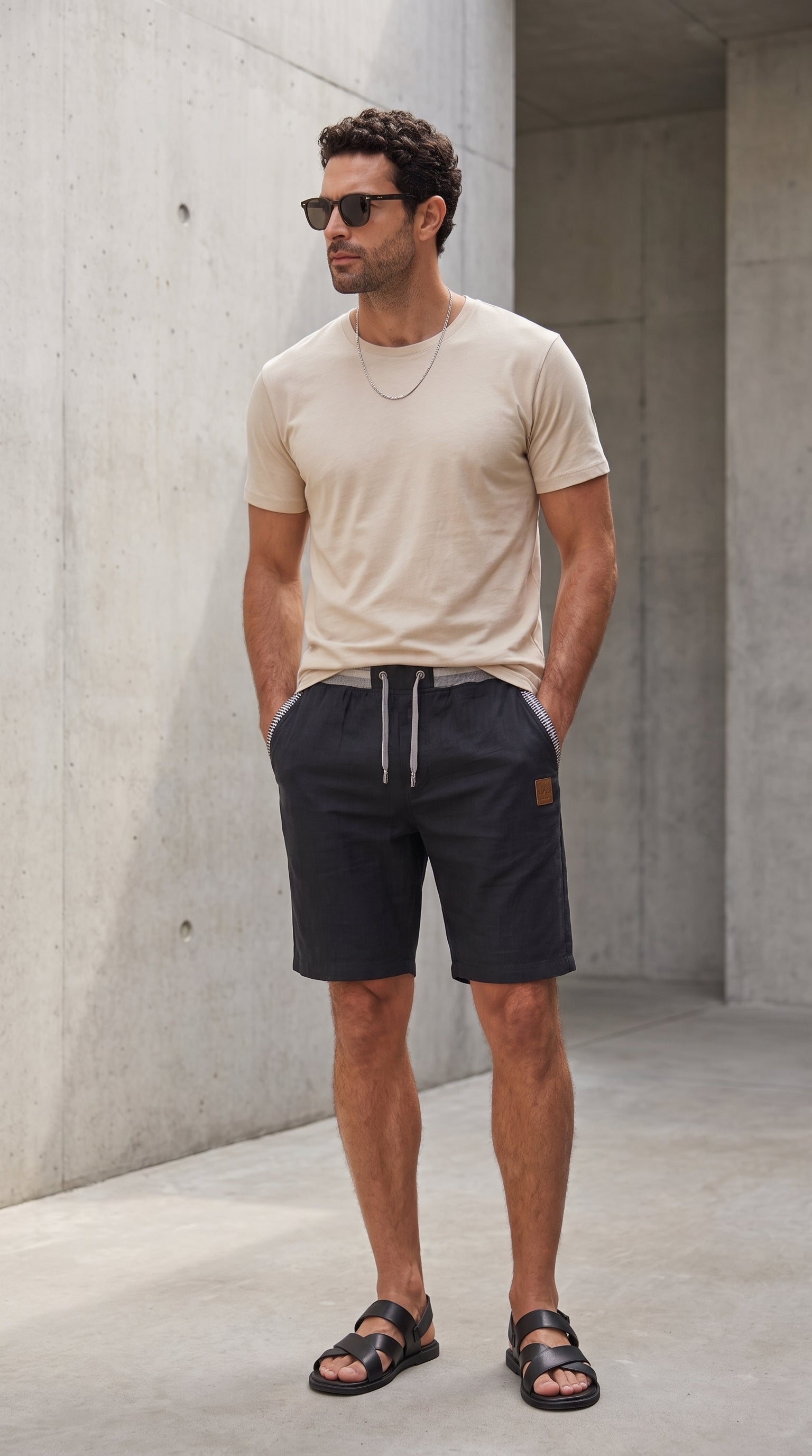 Pantalón corto de lino azul oscuro con cordón ajustable y bolsillos laterales