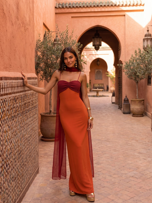 Vestido largo bicolor ZAHARA terracota y granate, escote corazón, falda con caída fluida