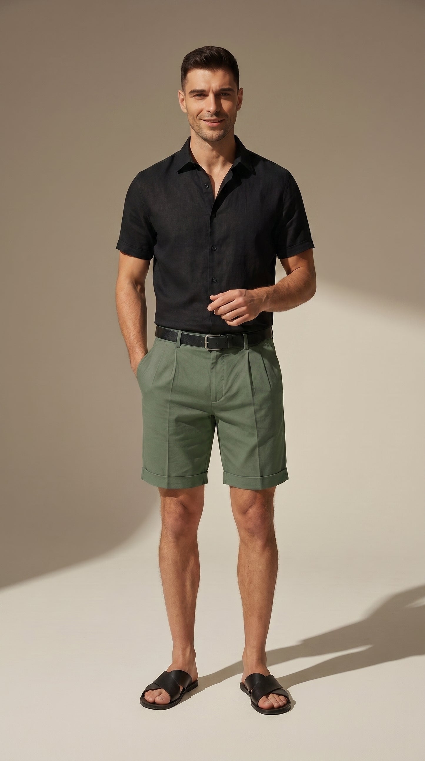 Bermuda lino-algodón verde regular fit con cinturón, pinzas y bolsillos