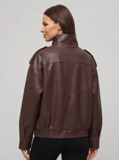 Cazadora biker CANARY color cacao, vista trasera con paneles y puños elásticos