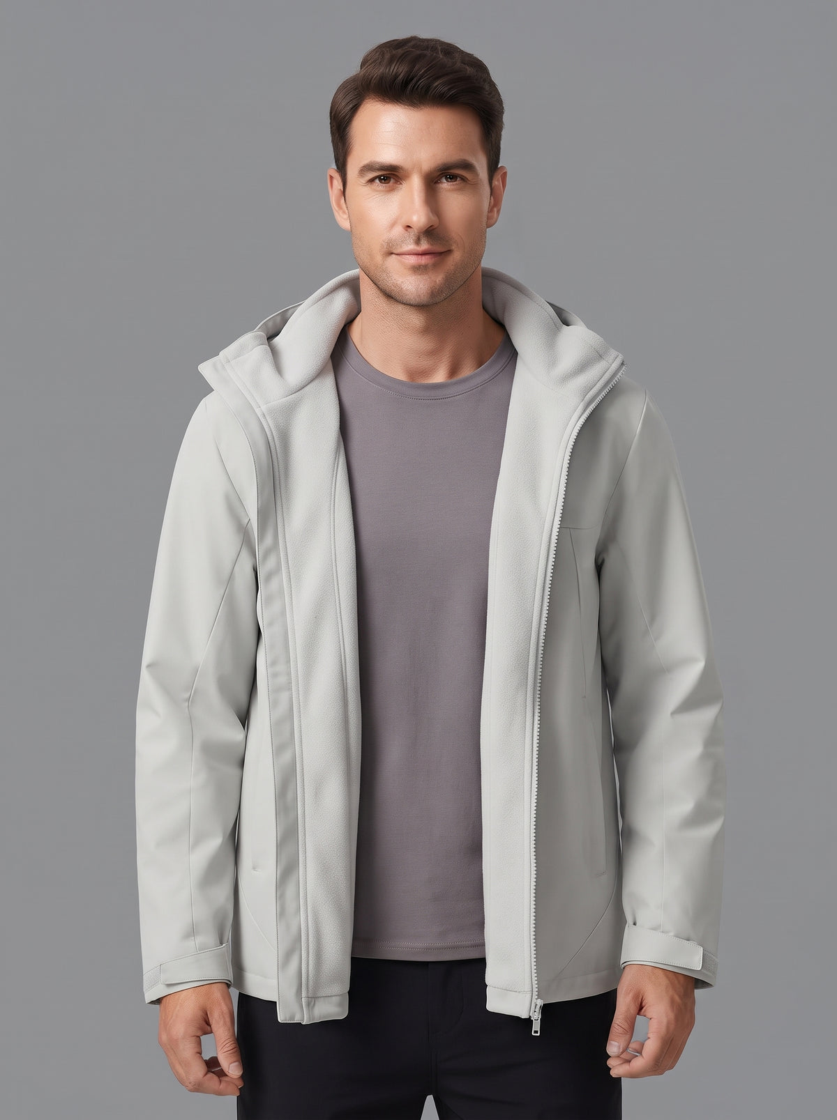 Chaqueta 3 en 1 con capucha y cremallera, bolsillos frontales, gris claro