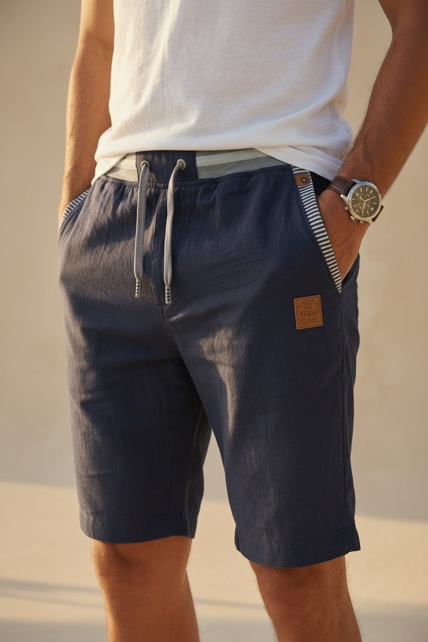 Pantalón corto de lino azul oscuro con cordón ajustable y bolsillos laterales