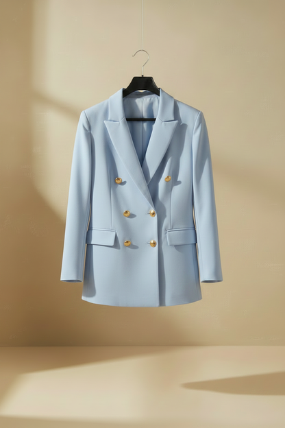 Blazer azul cielo doble botonadura con botones dorados, solapas y bolsillos con tapeta.