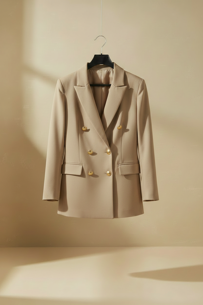 Blazer doble botonadura beige con solapas, botones dorados y bolsillos con tapa