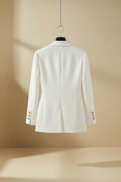 Blazer blanco doble botonadura con espalda lisa y costuras verticales.